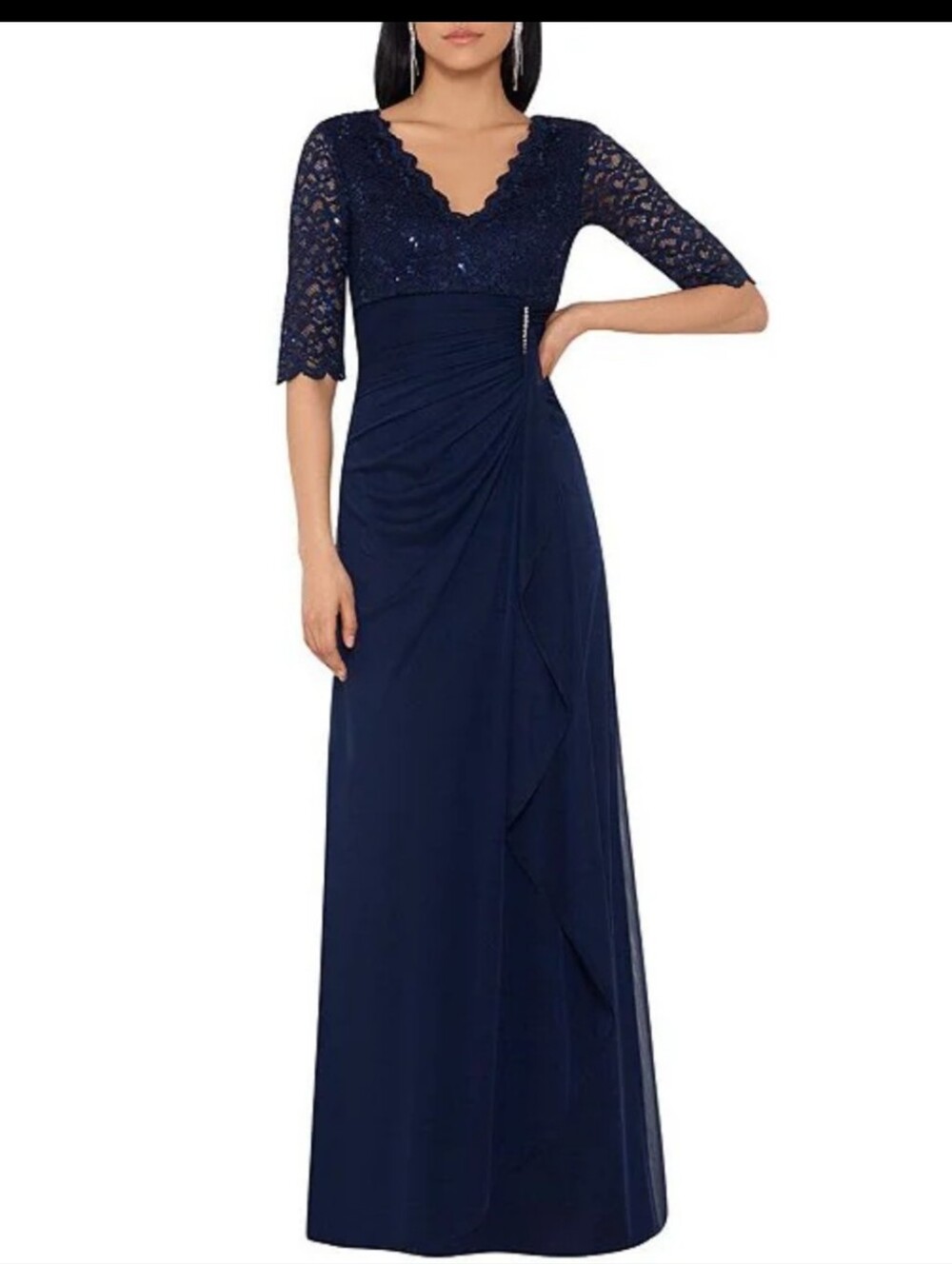 Betsy & Adam NWT Navy Sequin Lace Ruched Formal Gown Plus Size 14W $189 - Picture 2 of 12